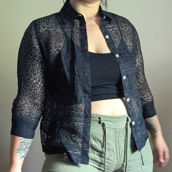 Y2K Choices Sheer Black Geometric Burnout Button Up Top - Picture 1 of 9